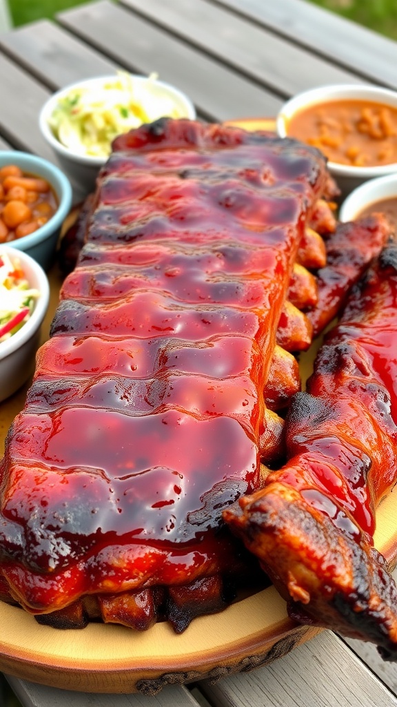 A delicious rack of BBQ ribs with sticky sauce on a wooden platter, accompanied by coleslaw and baked beans.